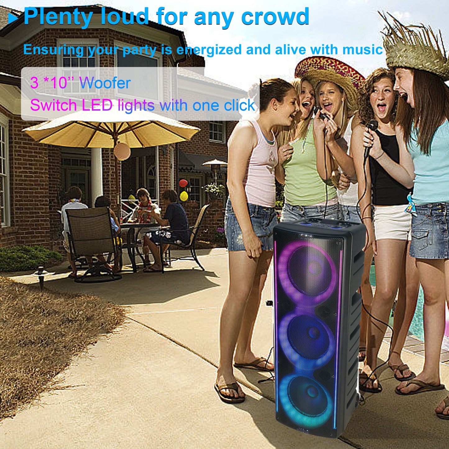 TOPTECH AL-310, 3x10" Bluetooth Speaker with Disco Lights & 6 Inputs for Home/Outdoor