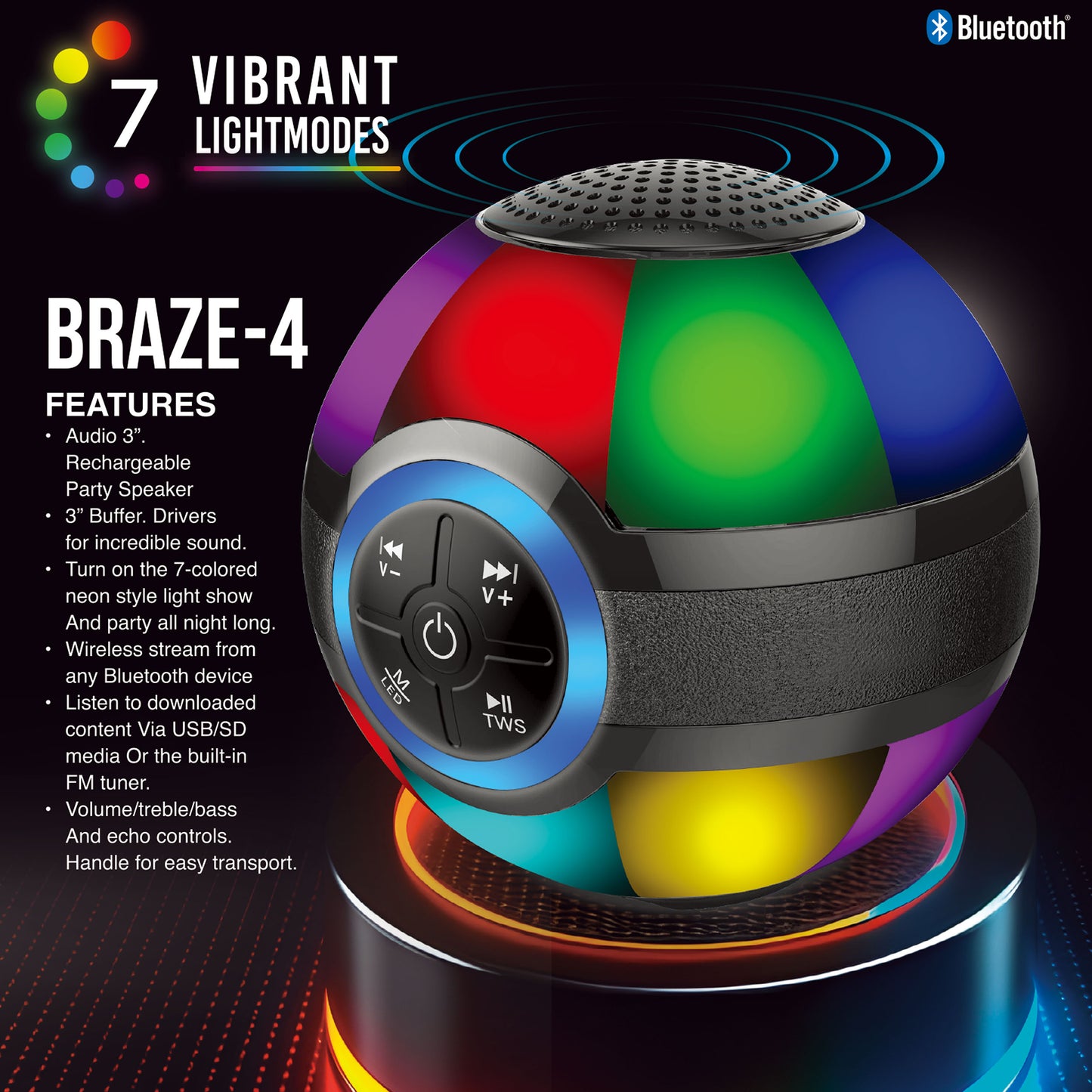 TOPTECH BRAZE-4 Portable 3" Bluetooth Speaker with 7-Color LED Lights & Powerful Sound