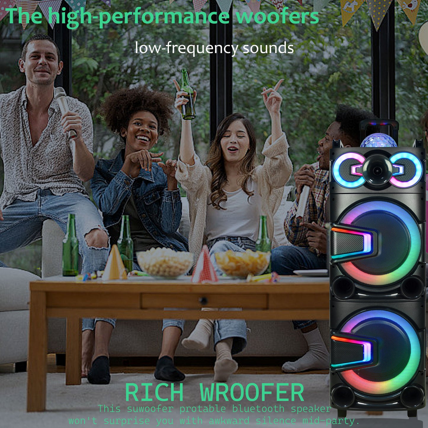 TOPTECH ANGEL-10, Dual 10" Bluetooth Speaker with Disco Lights & DJ Bulb for Home/Outdoor