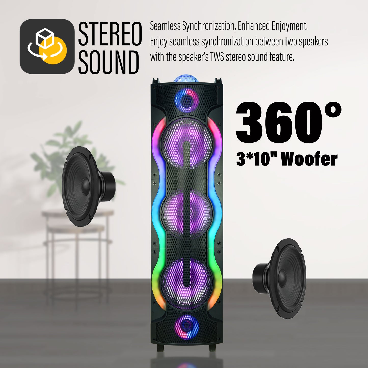TOPTECH SKY-30 3 * 10''Woofer Portable Bluetooth Speaker with Disco Light,of Blazing Powerful Sound,Precision-Tuned Bluetooth Stereo Sound, 10M Wireless Range,for Home/Outdoor,Gift