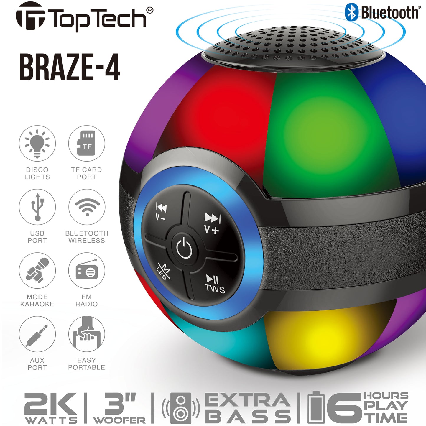 TOPTECH BRAZE-4 Portable 3" Bluetooth Speaker with 7-Color LED Lights & Powerful Sound