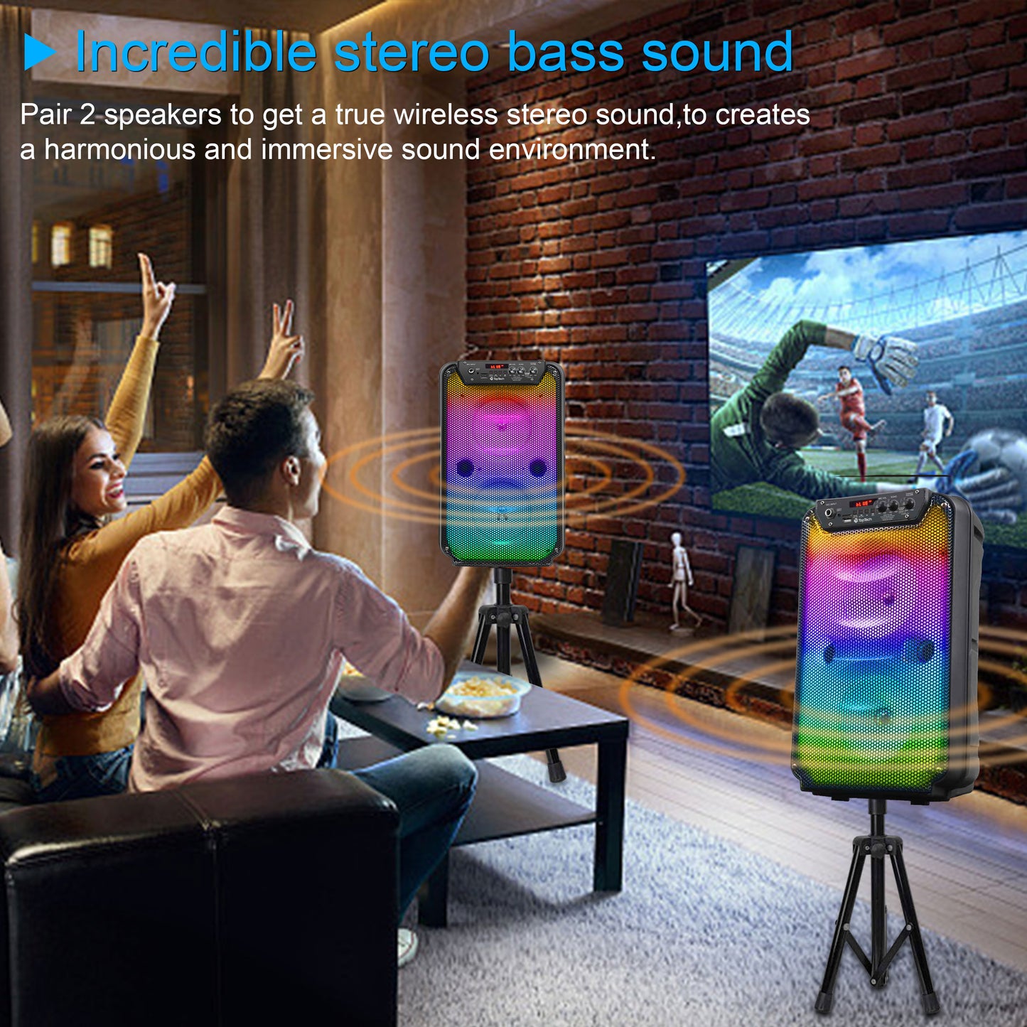 TOPTECH TTA-206 Dual 6'' Woofer Bluetooth Speaker with Stand & LED Flame Lights