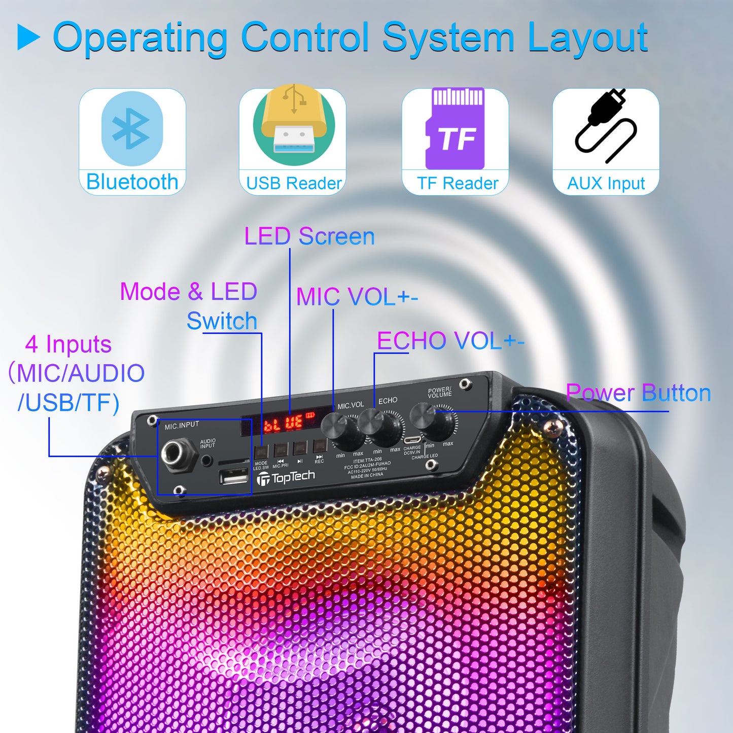 TOPTECH TTA-206 Dual 6'' Woofer Bluetooth Speaker with Stand & LED Flame Lights - Top Tech Audio