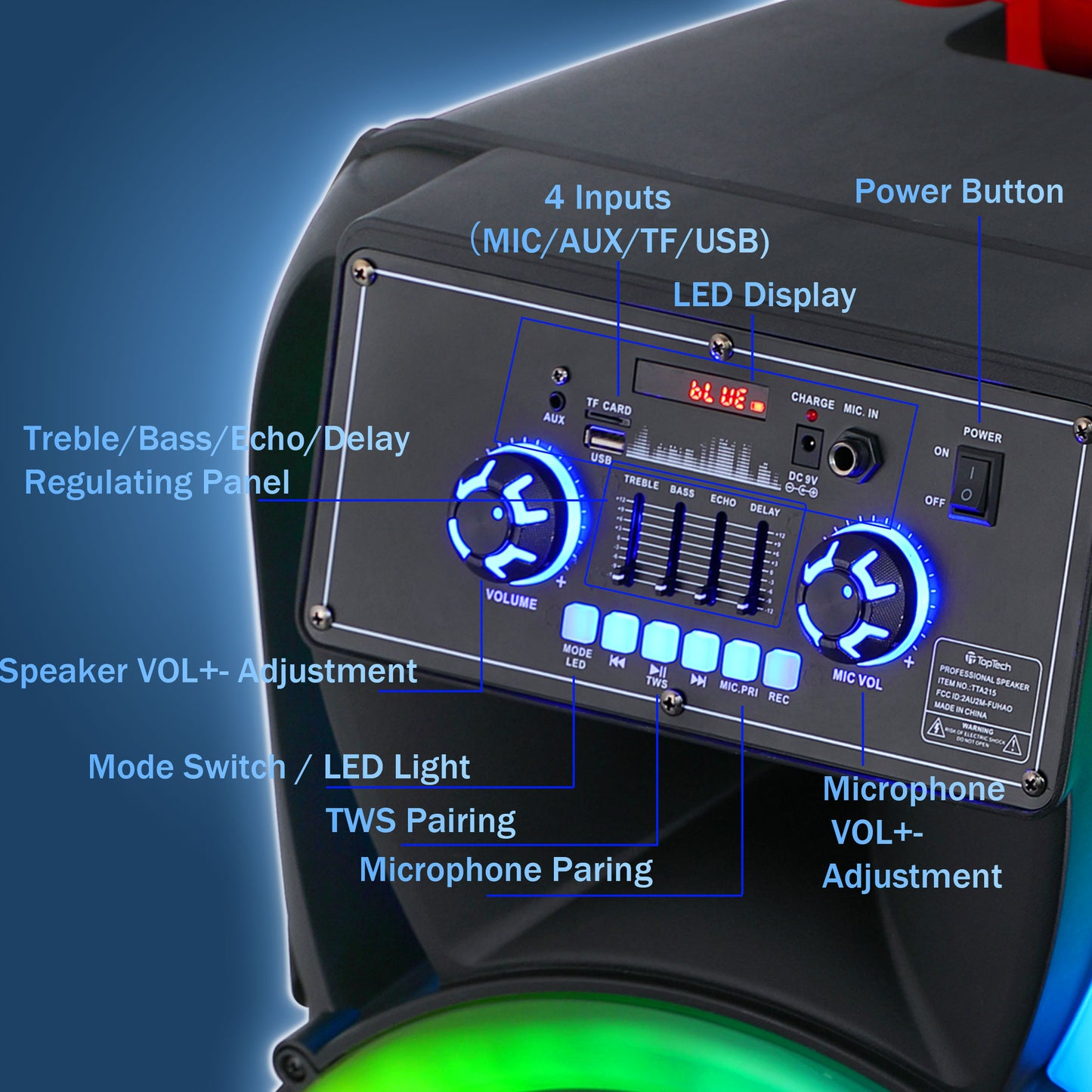 TOPTECH BOOM-2151 Dual 15" Bluetooth Speaker with Extra Bass & Disco Lights