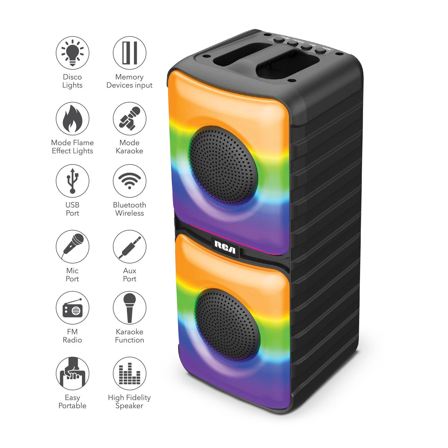 RCA Disco 204 Flame Effect Bluetooth Party Speaker with Dual 4" Woofers - Top Tech Audio
