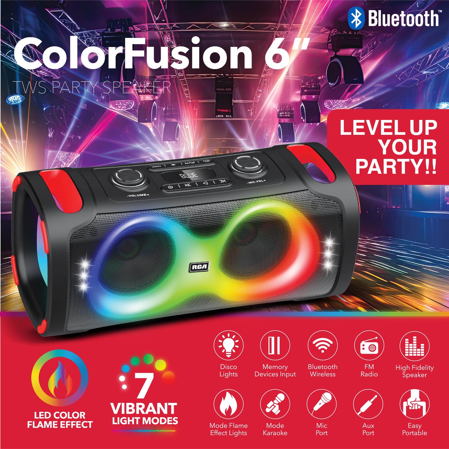 RCA BEAT-206 Portable Bluetooth Speaker Wireless Karaoke Speaker with Mic & RGB Light