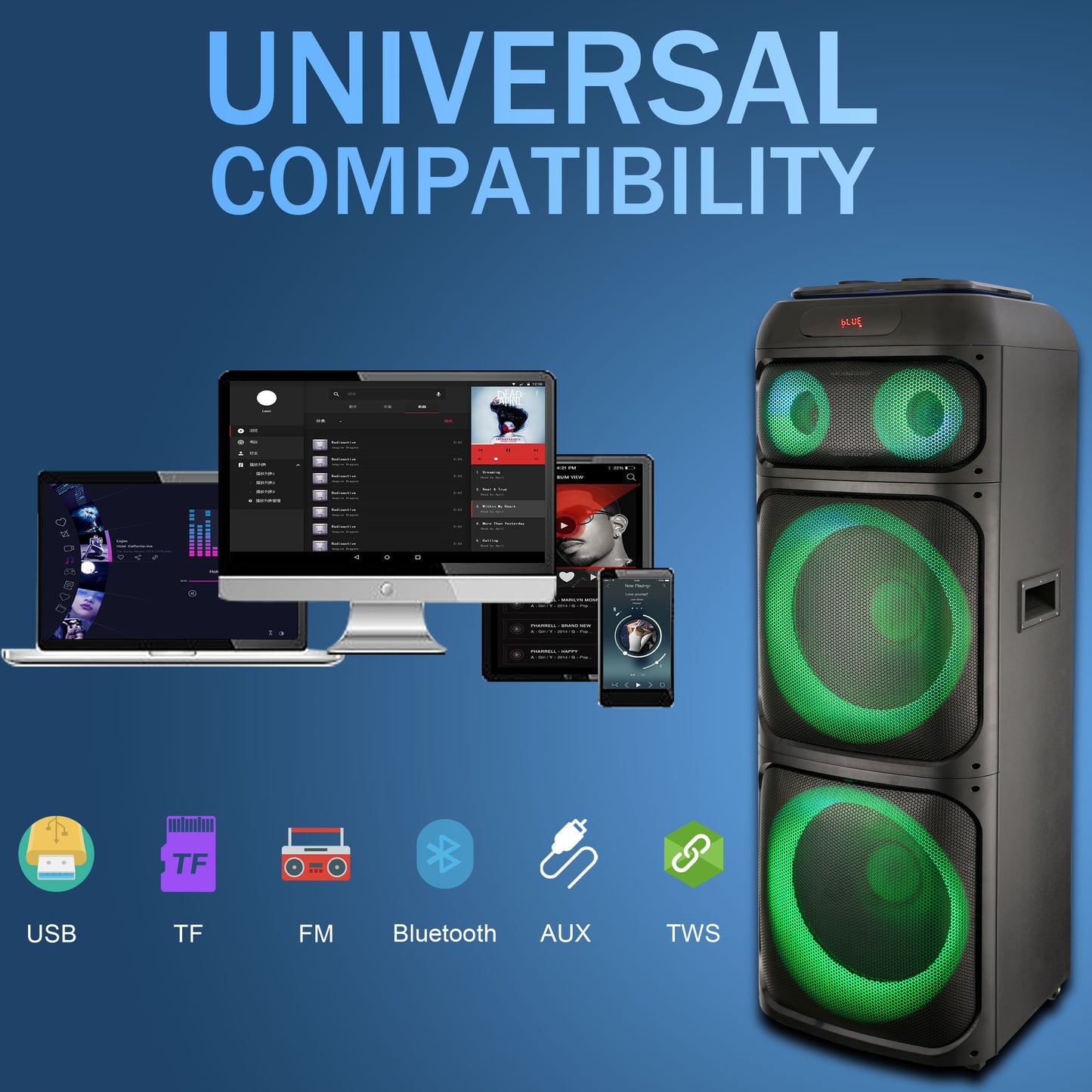 TOPTECH BOOM-2151 Dual 15" Bluetooth Speaker with Extra Bass & Disco Lights