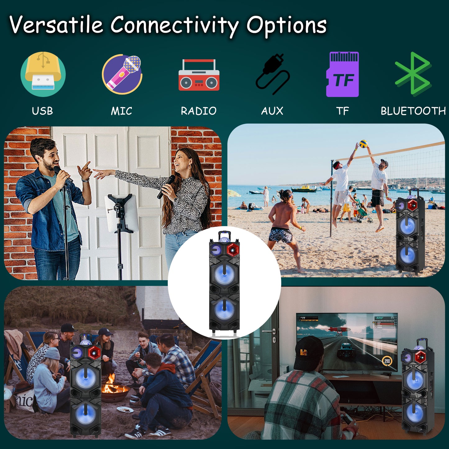 TOPTECH GALAXY-210, Dual 10" Bluetooth Speaker with Disco Lights & DJ Bulb for Home/Outdoor