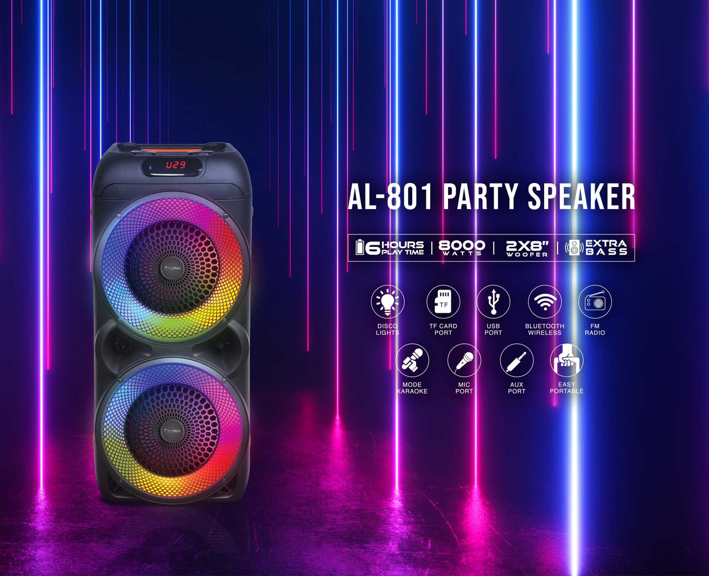 TOPTECH AL-801,  2x8 Inch Wireless Bluetooth Speaker with 360 HiFi Surround Sound System and Extra Bass, Flashing Dynamic LED Lights, Handle and Wheels for Easy Transport, Up to 10 Meters (33ft) Bluetooth Distance,  for Party Outdoor Game Camping Gifts
