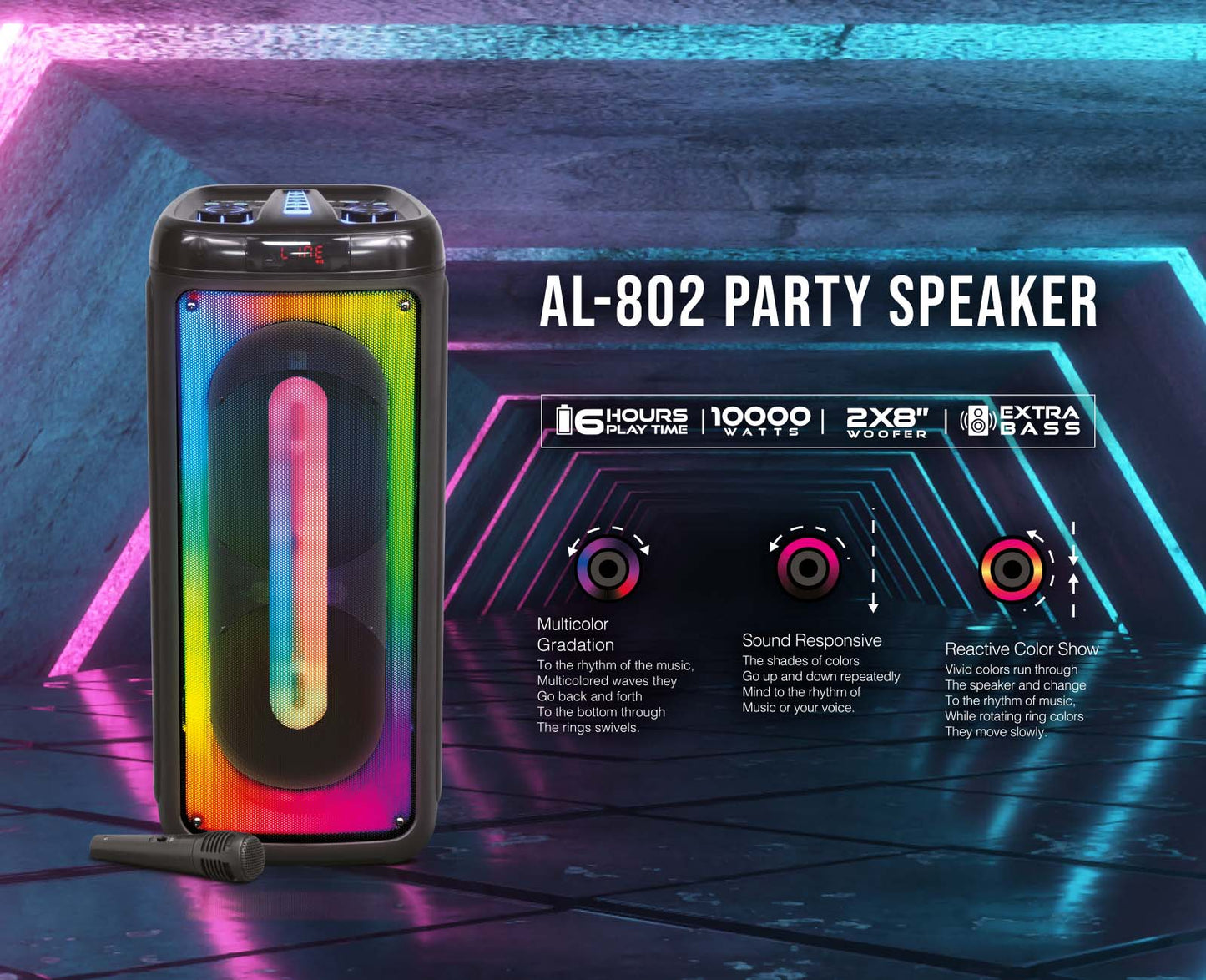 TOPTECH AL-802, 2x8 Inch Bluetooth Speaker with Dazzling Flame Effect Light,  with 360 HD  Stereo Sound, Up to 10 Meters (33ft) Bluetooth Distance, Support for USB/TF Card/FM Radio/AUX,  for Home/Party/Outdoor/Beach, Electronic Gadgets, Birthday Gift