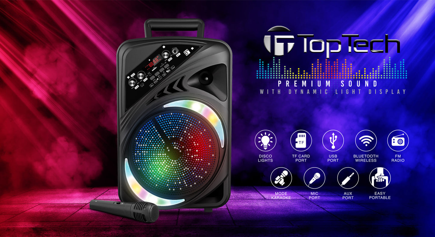 TOPTECH AL-8, 8 Inch Bluetooth Speaker Wireless Portable Outdoor Travel with Powerful TWS Sound , Treble/Bass/Echo Controls, 7- Colored Neon-Style Light Show, Up to 10 Meters (33ft) Bluetooth Distance,  for Party Outdoor Game Camping Gifts