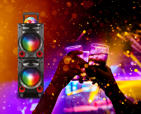 TOPTECH BLADE-208, 2x15'' Woofer Rechargeable Party Portable Speaker with Multi-color Disco Lights on Grill,10 meters (33ft)Bluetooth Distance,of Blazing Powerful Sound, Wireless Mic and Remote Control for Party/Gift/Indooer/Outdoor