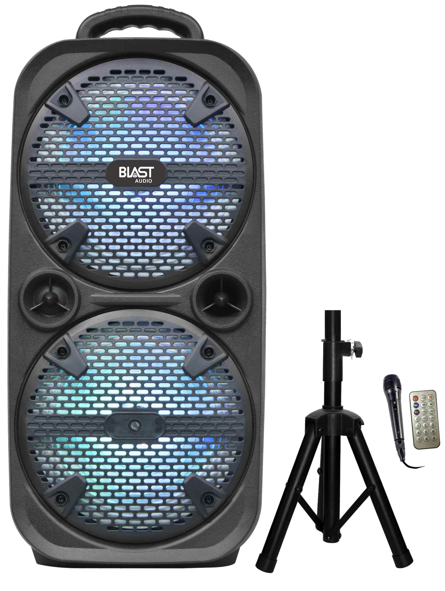 Fully Amplified 3500W 2x8" Portable Speaker with Bluetooth, FM Radio and Microphone Stand