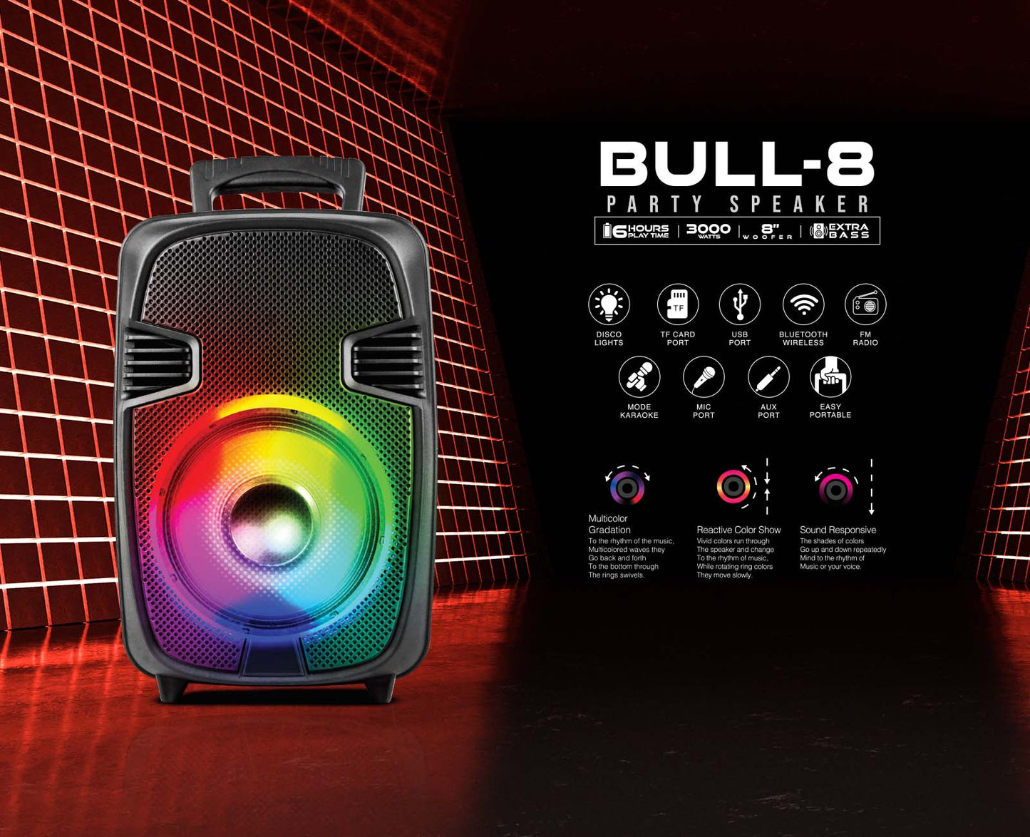 TOPTECH BULL-8, 8 Inch Woofer Rechargeable Party Portable Speaker with Multi-color Disco Lights on Grill,10 meters (33ft)Bluetooth Distance,of Blazing Powerful Sound, Handle and Wheels and Wireless Microphone for Party/Gift/Indooer/Outdoor