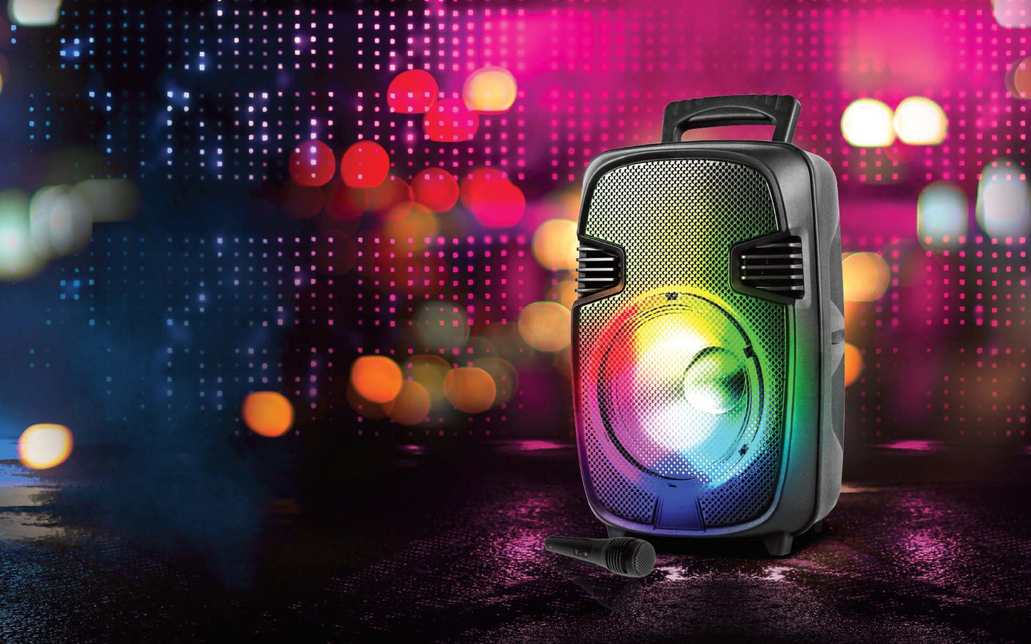 TOPTECH BULL-8, 8 Inch Woofer Rechargeable Party Portable Speaker with Multi-color Disco Lights on Grill,10 meters (33ft)Bluetooth Distance,of Blazing Powerful Sound, Handle and Wheels and Wireless Microphone for Party/Gift/Indooer/Outdoor