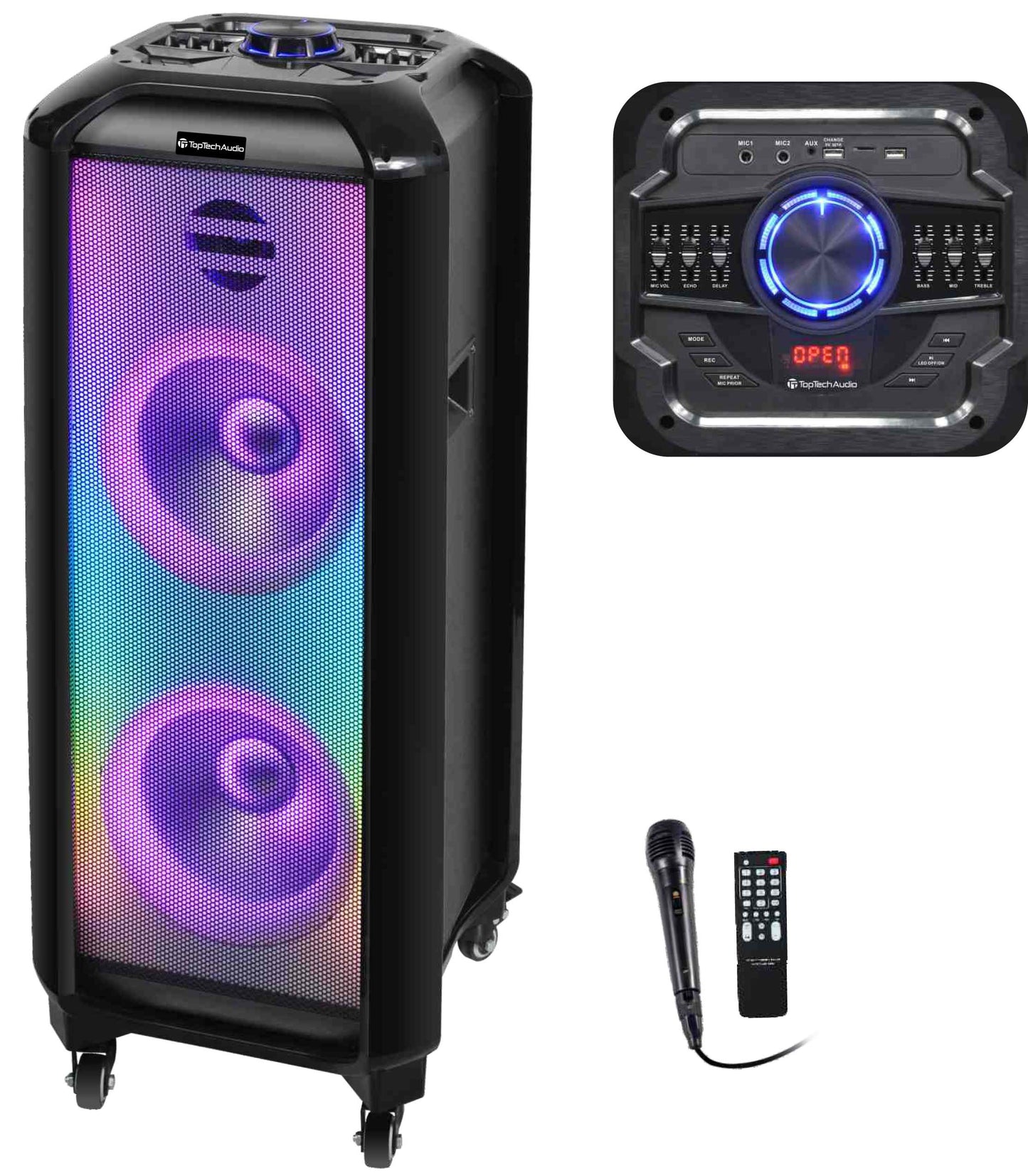 Fully Amplified Portable 10000 Watts Peak Power 2x10” Speaker with LED Lights