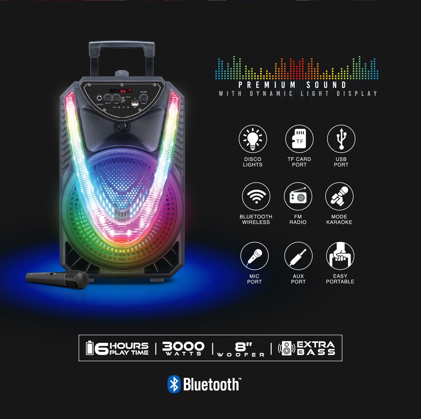 BLD-8 Rhythm Beat 8" Bluetooth Speaker with Disco Lights, Extra Bass & Microphone Input