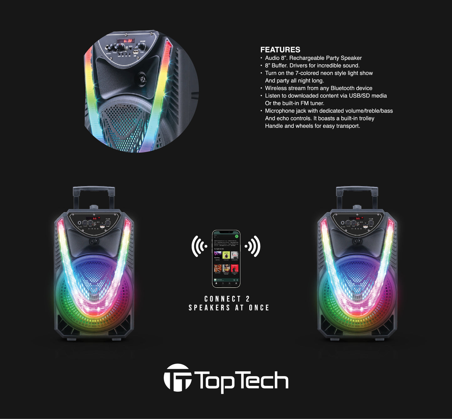 BLD-8 Rhythm Beat 8" Bluetooth Speaker with Disco Lights, Extra Bass & Microphone Input