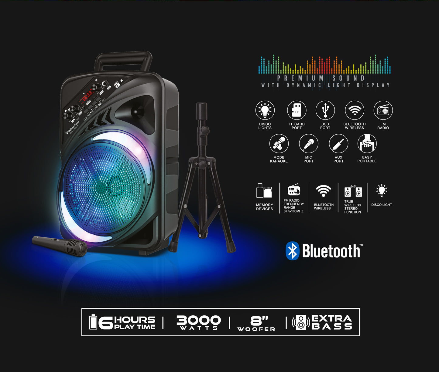 TOPTECH AL-8 Rumble Beat 8" Bluetooth Speaker with Disco Lights, Microphone & Extra Bass