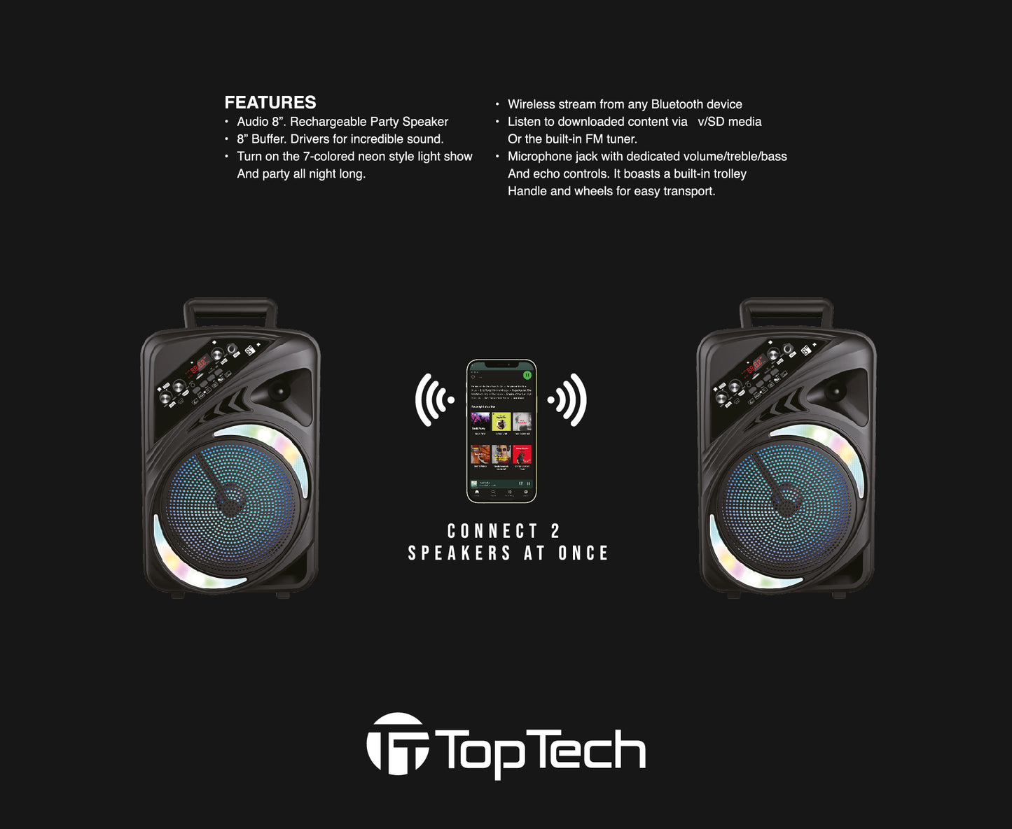 TOPTECH AL-8 Rumble Beat, 8 Inch Bluetooth Speakers with Disco Lights, Wireless Stereo Sound with Wireless Microphone，Up to 10 Meters (33ft) Bluetooth Distance,Crystal Clear Sound with stand, Rechargeable Long Battery Life for Party Outdoor Camping