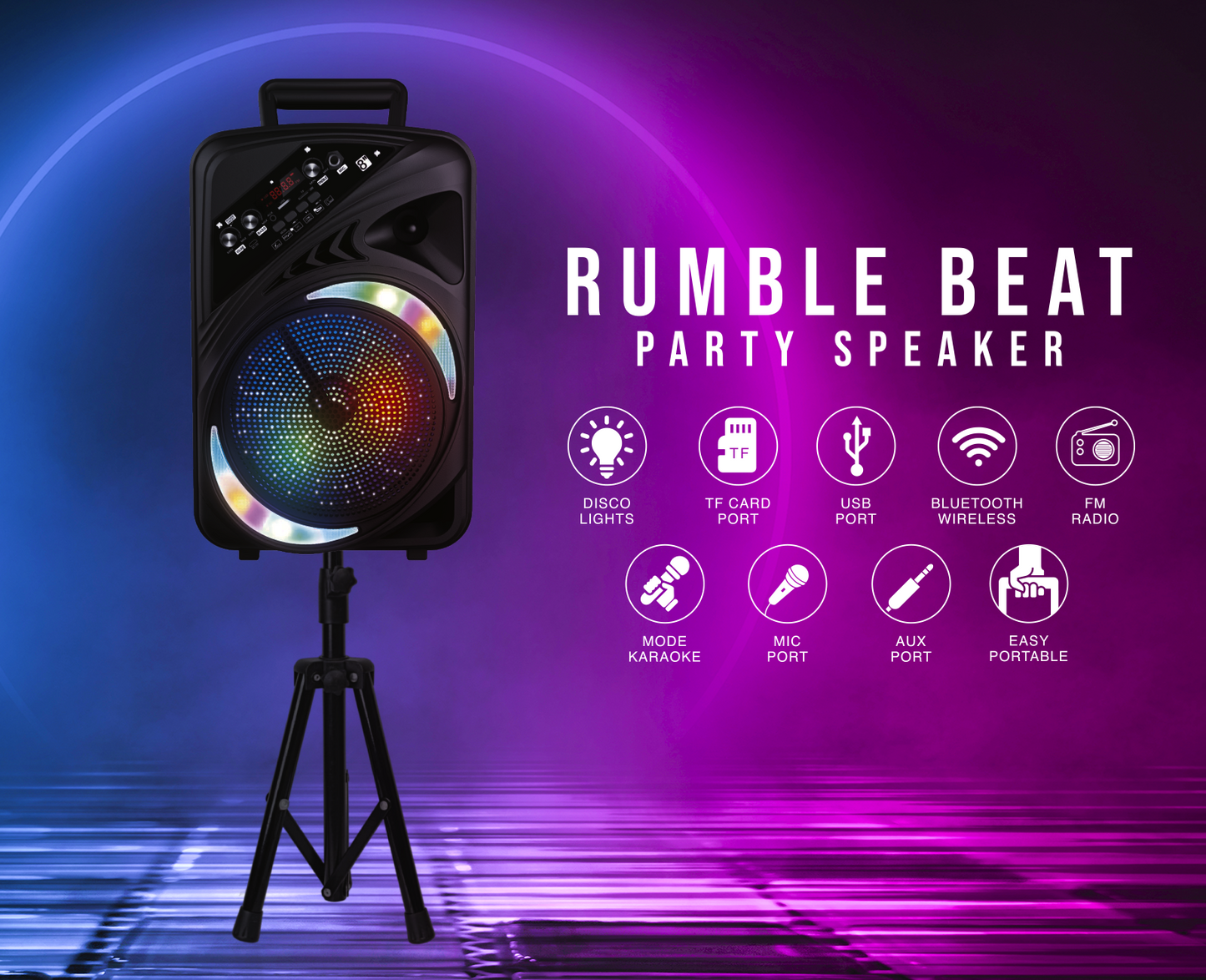 TOPTECH AL-8 Rumble Beat, 8 Inch Bluetooth Speakers with Disco Lights, Wireless Stereo Sound with Wireless Microphone，Up to 10 Meters (33ft) Bluetooth Distance,Crystal Clear Sound with stand, Rechargeable Long Battery Life for Party Outdoor Camping