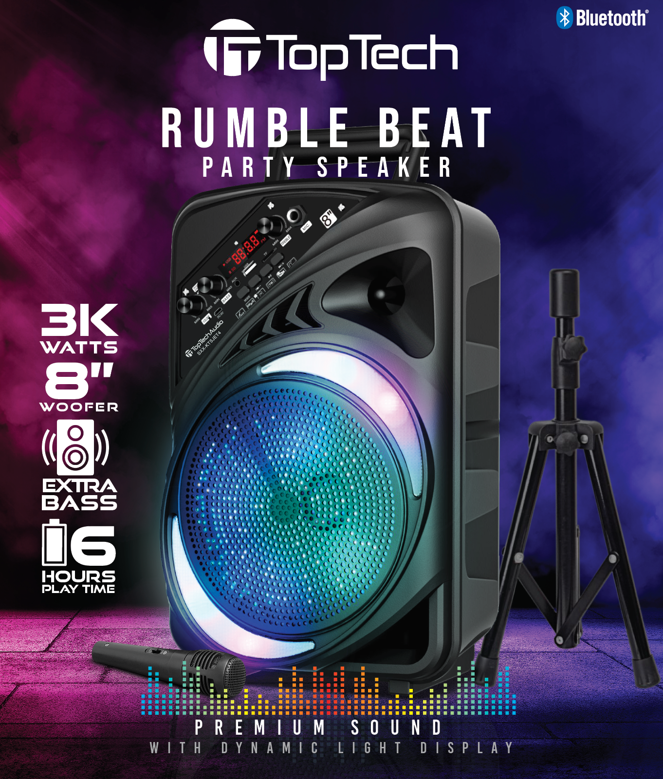 TOPTECH AL-8 8" Bluetooth Speaker, TWS Sound, Neon Light Show, Portable for Outdoors