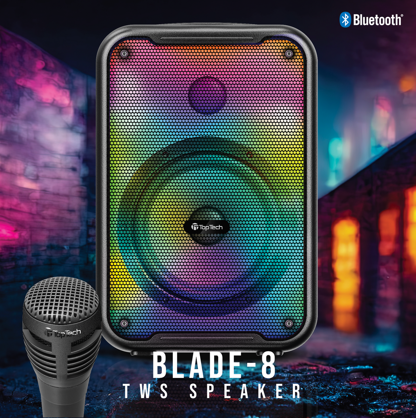 TOPTECH BLADE-8 8" Wireless Bluetooth Speaker, TWS, Flame Lights - Top Tech Audio