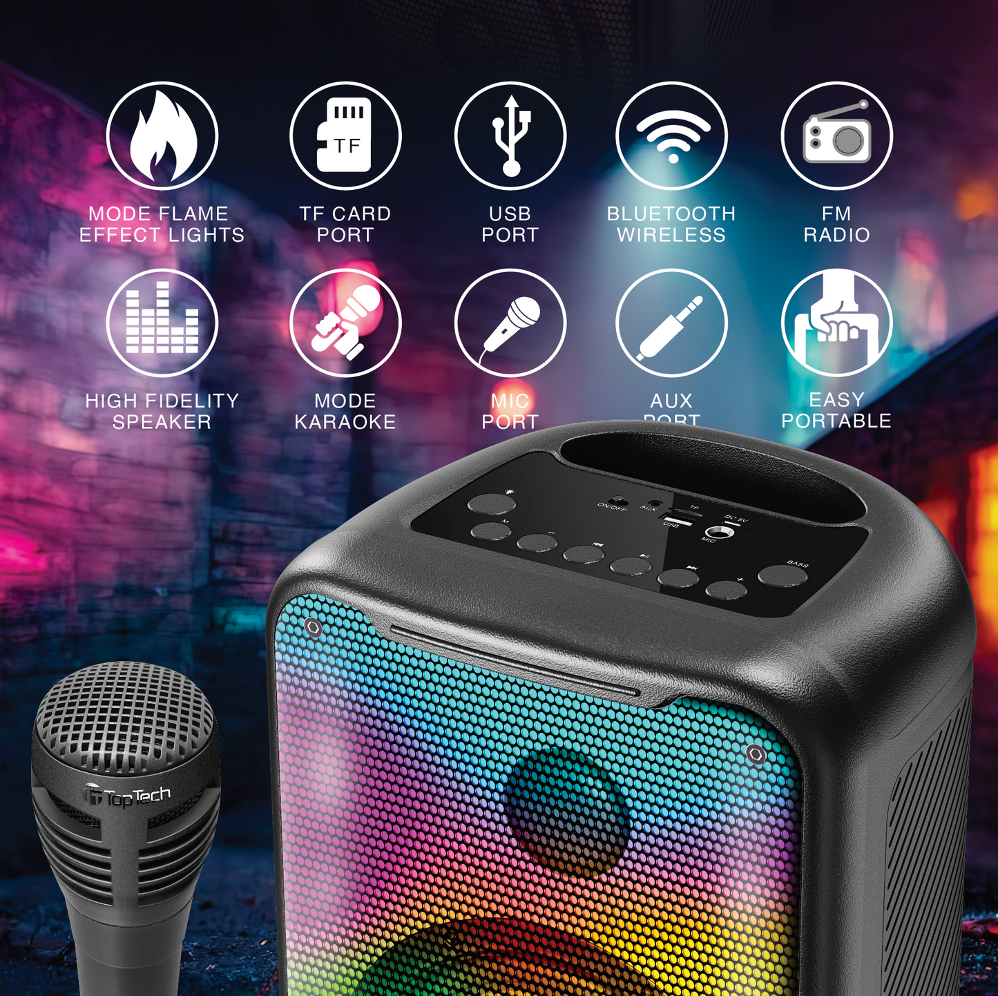 TOPTECH BLADE-8 8" Wireless Bluetooth Speaker, TWS, Flame Lights - Top Tech Audio