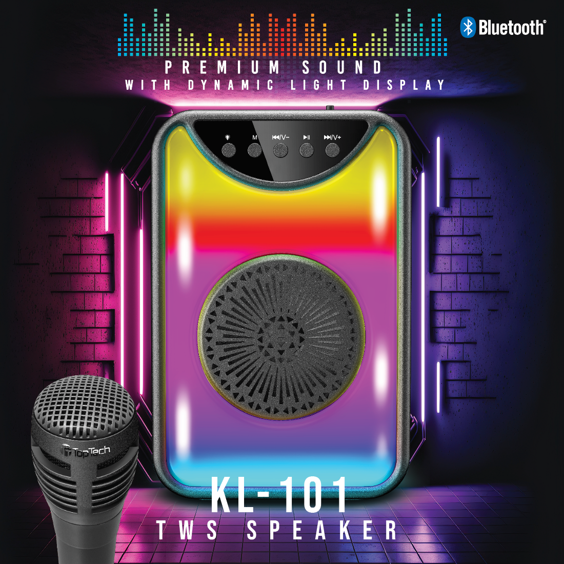 TOPTECH KL-101 4" Bluetooth Speaker, 800W, Flame Lights, Wireless Mic