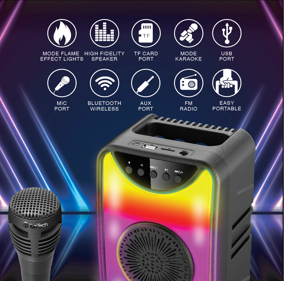 TOPTECH KL-101 4" Bluetooth Speaker, 800W, Flame Lights, Wireless Mic