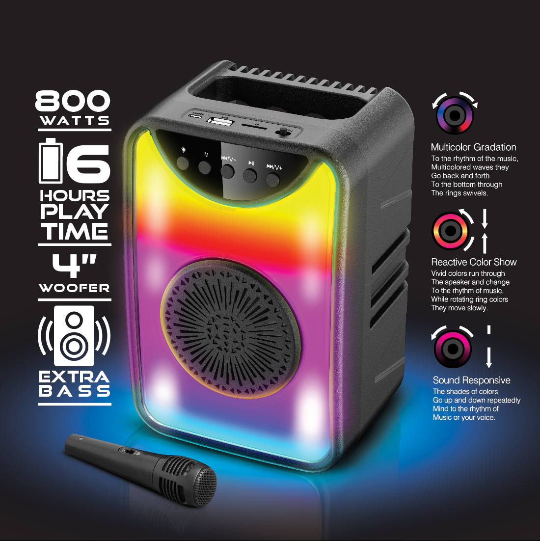 TOPTECH KL-101 4" Bluetooth Speaker, 800W, Flame Lights, Wireless Mic