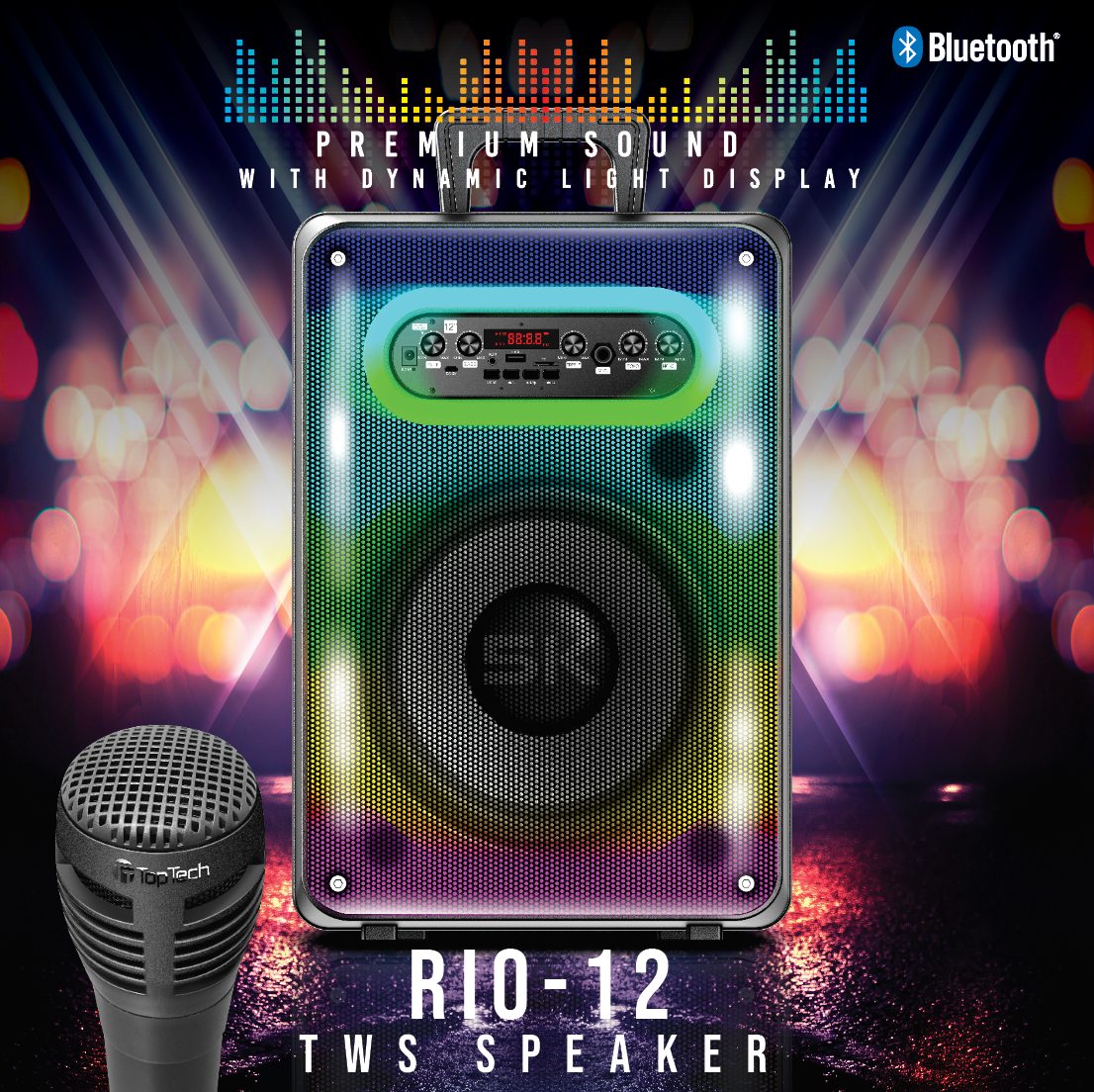 TOPTECH RIO-12 12” Bluetooth Speaker with TWS Stereo & 5000W Sound, Disco Lights