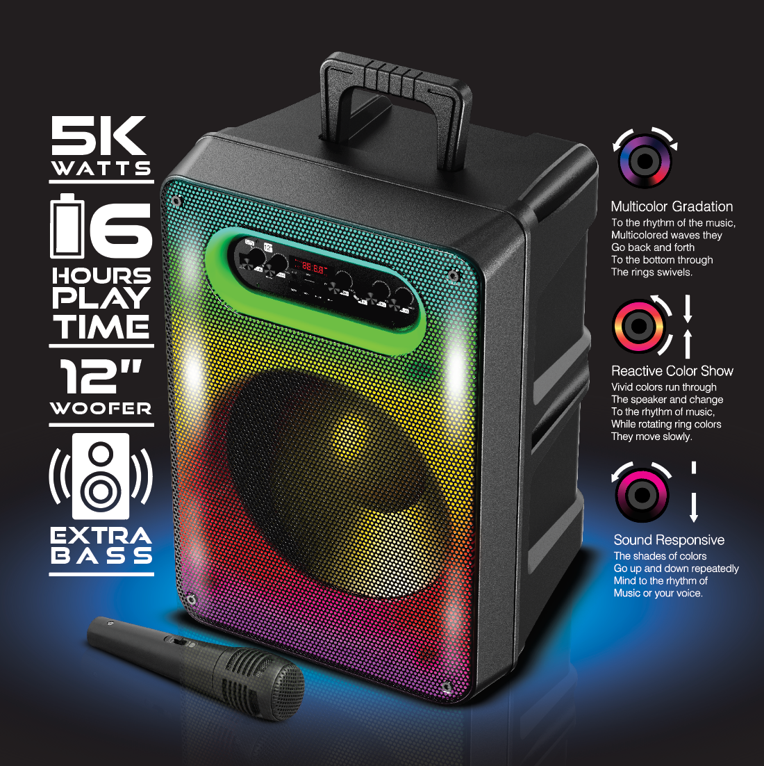 TOPTECH RIO-12 12” Bluetooth Speaker with TWS Stereo & 5000W Sound, Disco Lights