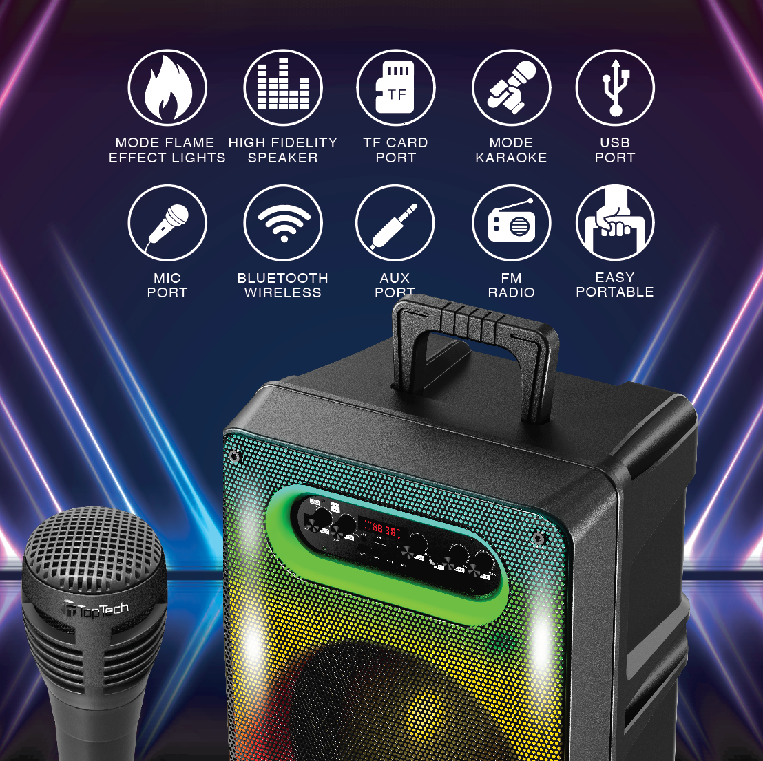 TOPTECH RIO-12, 12 Inch Wireless Bluetooth Speaker TWS Stereo Powerful Sound System with Disco Flame Lights,Build-in rechargeable battery, 10 Meters (33ft) Bluetooth Distance,for Multimedia Connect Microphone Input /USB/TF Card/Aux/FM Radio/Remote Control
