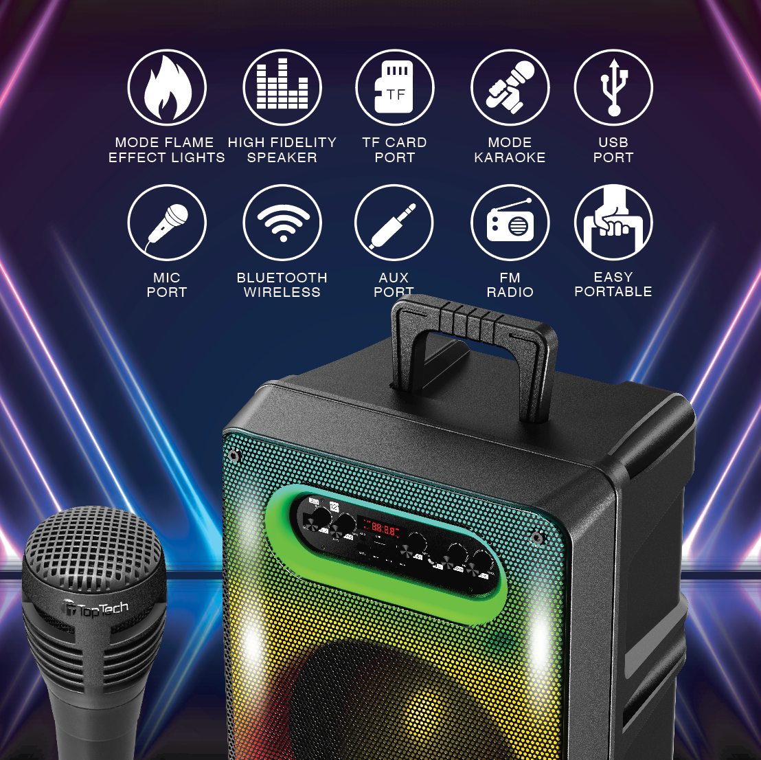 TOPTECH RIO-12 12” Bluetooth Speaker with TWS Stereo & 5000W Sound, Disco Lights