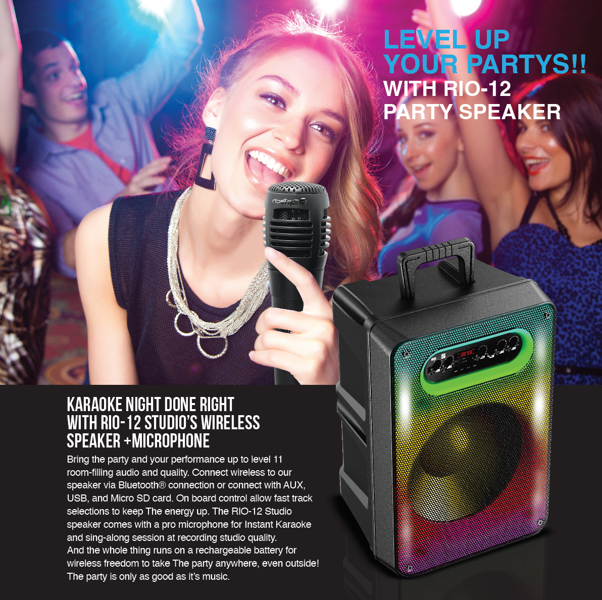 TOPTECH RIO-12 12” Bluetooth Speaker with TWS Stereo & 5000W Sound, Disco Lights