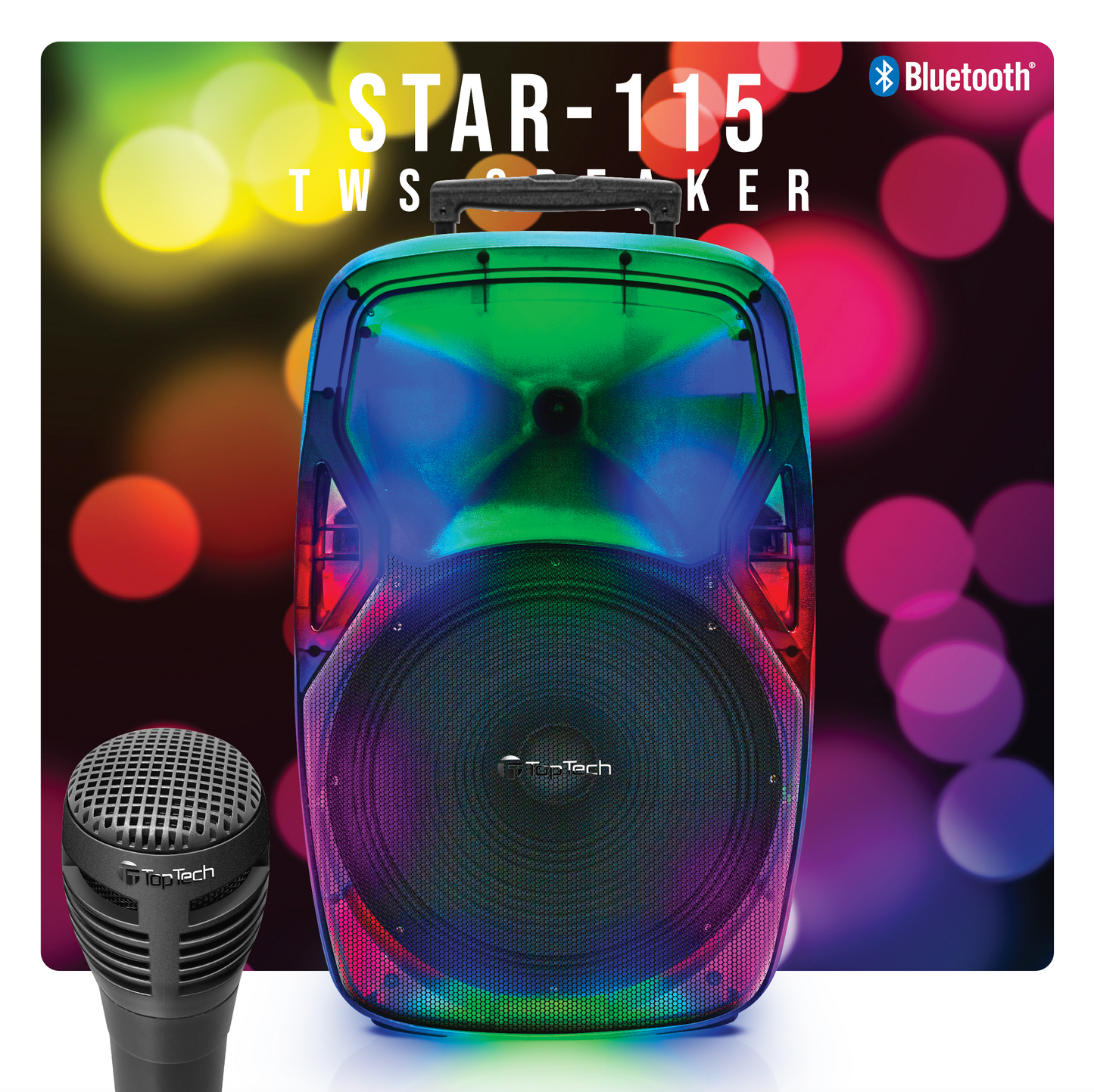 TOPTECH STAR-115, 15''Woofer Portable Bluetooth Speaker with Flame Light,of Blazing Powerful Sound,Unparalleled Stereo Sound, 10M (33ft) Wireless Range,for Home/Outdoor,Birthday Gift