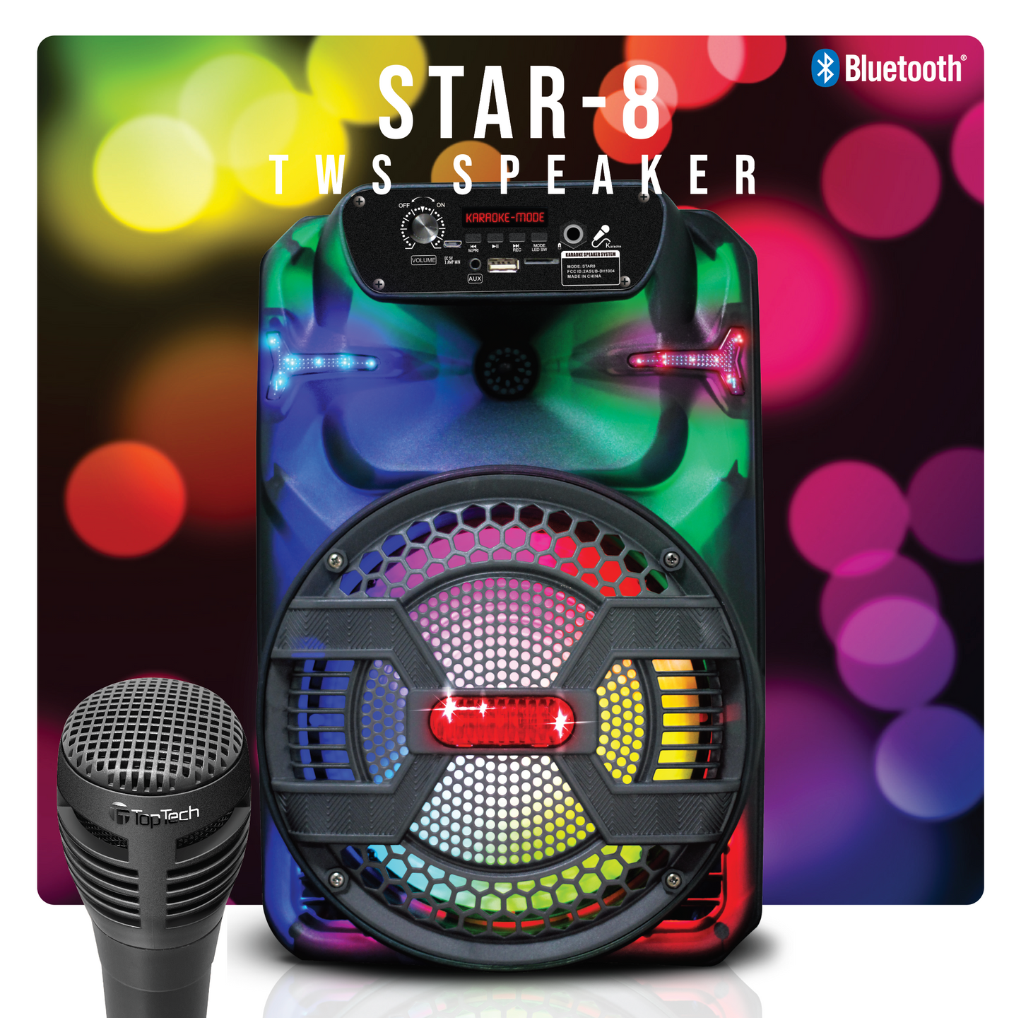 TOPTECH STAR-8, 8 Inch Portable  Bluetooth Party Speaker with Flame Lights,of Blazing Powerful Sound,Unparalleled Stereo Sound, 10M (33ft) Wireless Range,for Mic/USB/TF Card/Aux/FM Radio/Remote Control