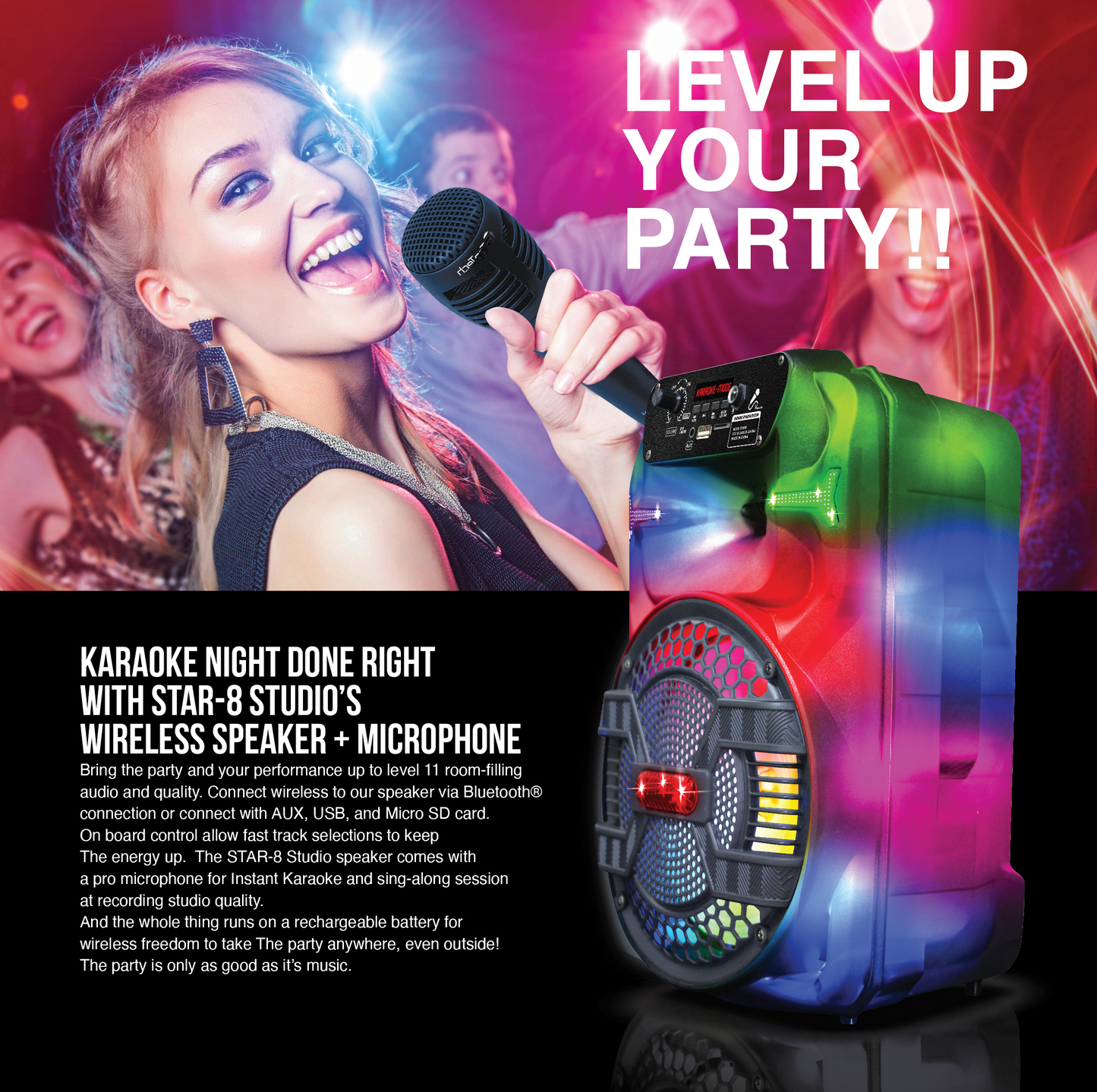 TOPTECH STAR-8, 8 Inch Portable  Bluetooth Party Speaker with Flame Lights,of Blazing Powerful Sound,Unparalleled Stereo Sound, 10M (33ft) Wireless Range,for Mic/USB/TF Card/Aux/FM Radio/Remote Control