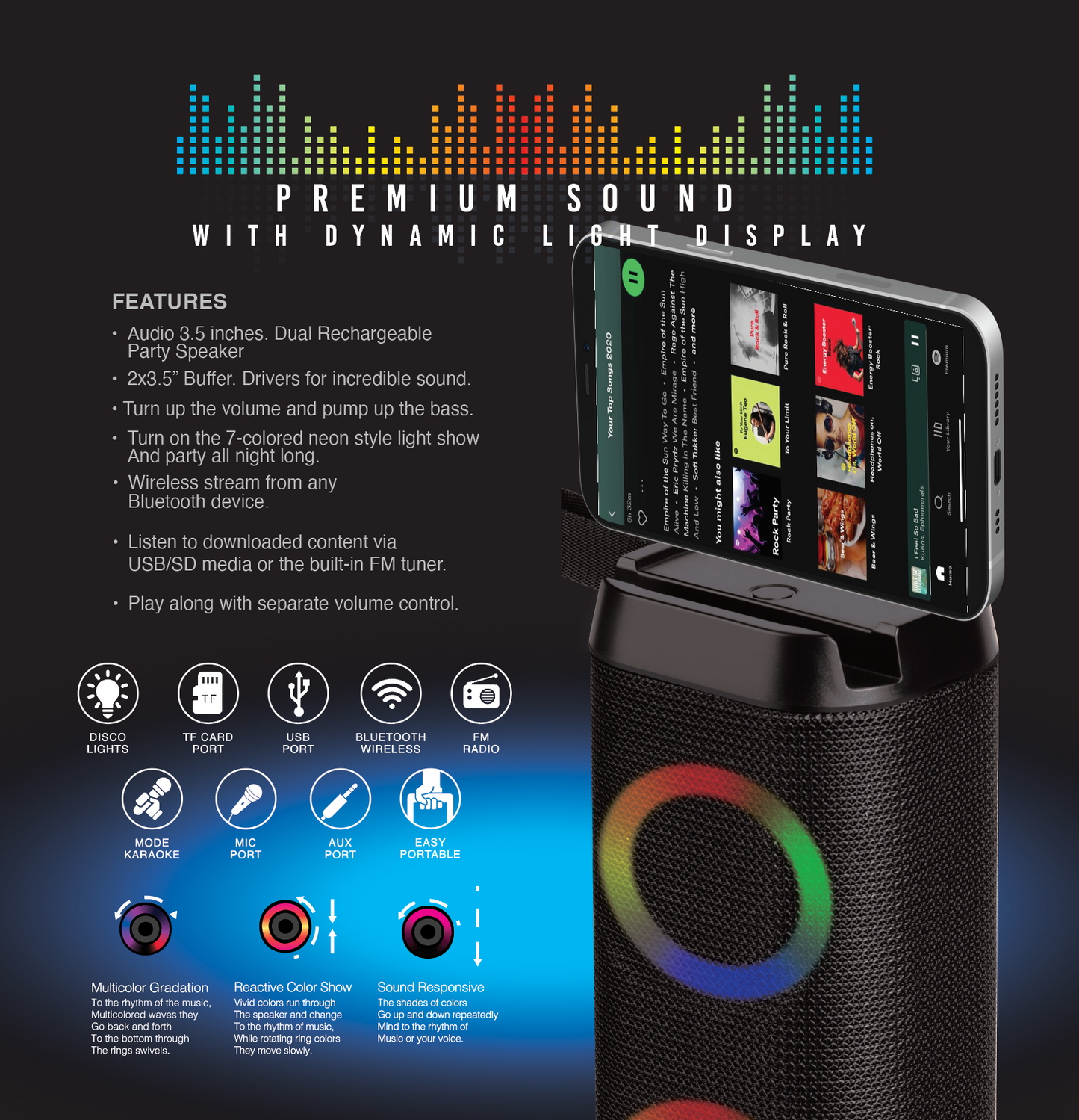 TOPTECH KL-5, Dual 3 inch Woofers Bluetooth Party Speaker with Karaoke Microphone,USB/SD,FM Radio,AUX,Party Disco Lights, TWS Pairing,Long Playtime for Outdoor Party