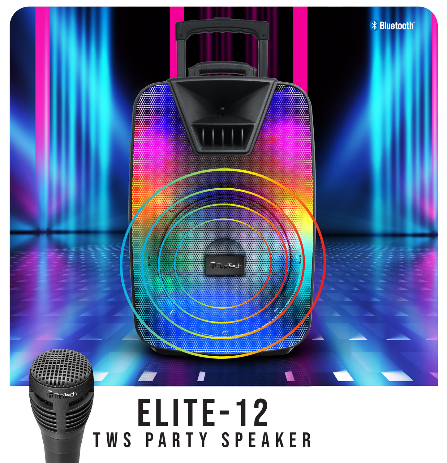 TOPTECH ELITE-12, 12 Inch Portable Bluetooth Speaker, Wireless Powerful TWS Sound and Flame Effects Lights, Unblemished Sound Purity, Up to 10 Meters (33ft) Bluetooth Distance, Up to 10 Meters (33ft) Bluetooth Distance for Party Outdoor Camping