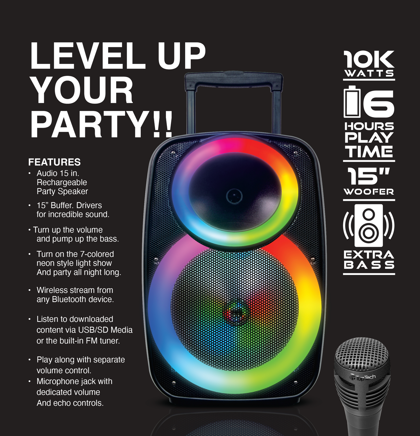 TOPTECH Star-15, 15 Inch Portable Bluetooth Party Speaker,Up to 10 Meters (33ft) Bluetooth Distance,Crystal Clear Sound, Wireless TWS Sound System with Flashing Flame Lights,Rechargeable Long Battery Life for Party Outdoor Camping