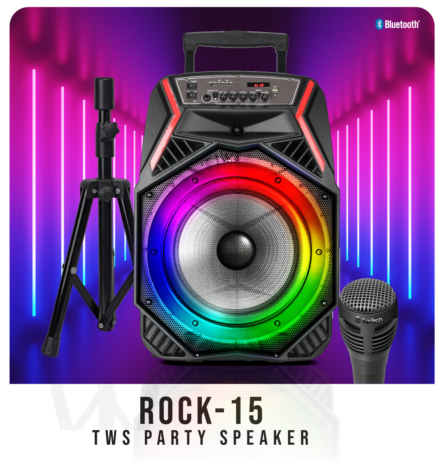 ROCK-15 Portable 6000W 15" Speaker with Bluetooth, Colorful Lights & Wired Microphone