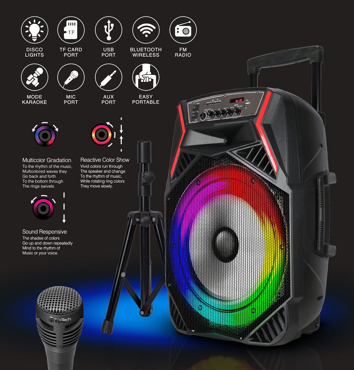 ROCK-15 Portable 6000W 15" Speaker with Bluetooth, Colorful Lights & Wired Microphone