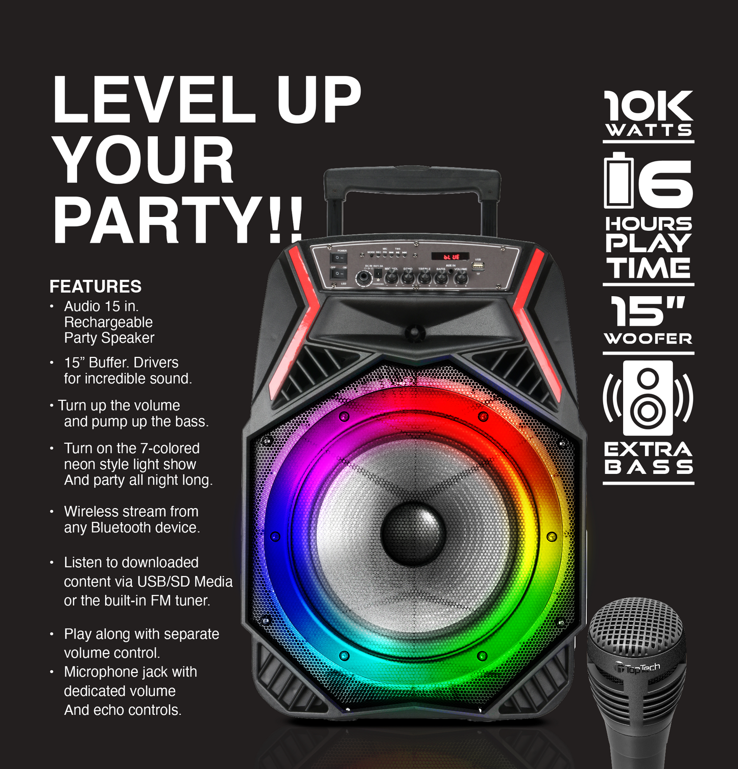ROCK-15 Portable 6000W 15" Speaker with Bluetooth, Colorful Lights & Wired Microphone