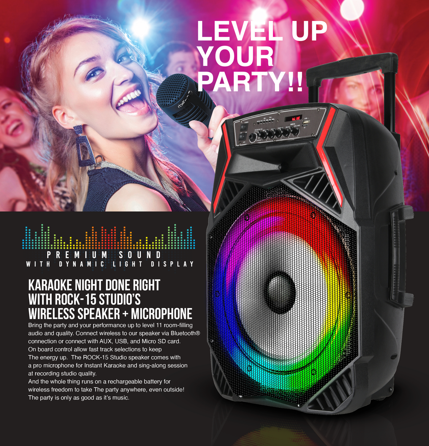 ROCK-15 Portable 6000W 15" Speaker with Bluetooth, Colorful Lights & Wired Microphone