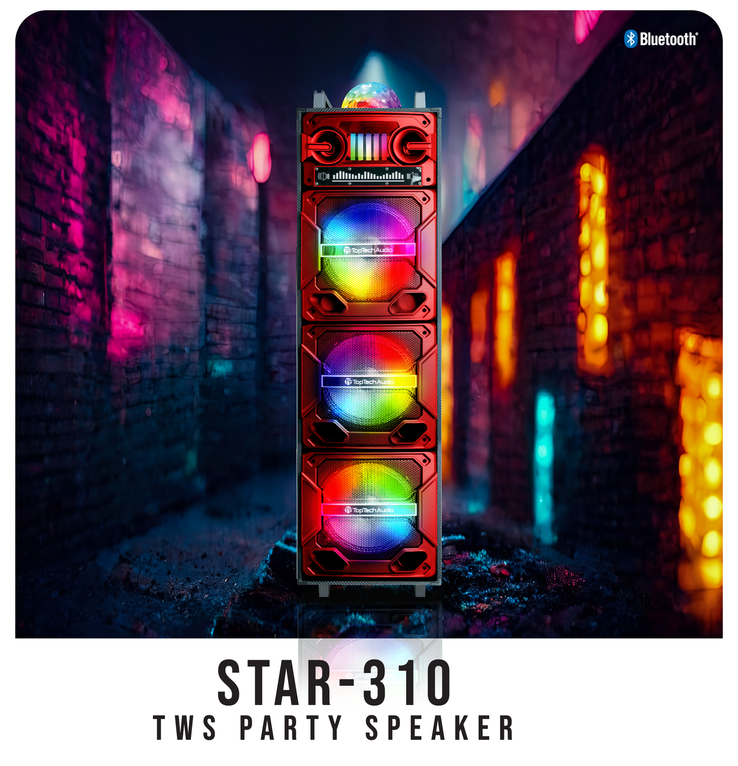 TOPTECH Star-310 , 3*10 Inch Bluetooth Speakers with Multi-colors Disco Lights, Wireless TWS Sound System，Up to 10 Meters (33ft) Bluetooth Distance,Crystal Clear Sound, Rechargeable Long Battery Life for Party Outdoor Camping