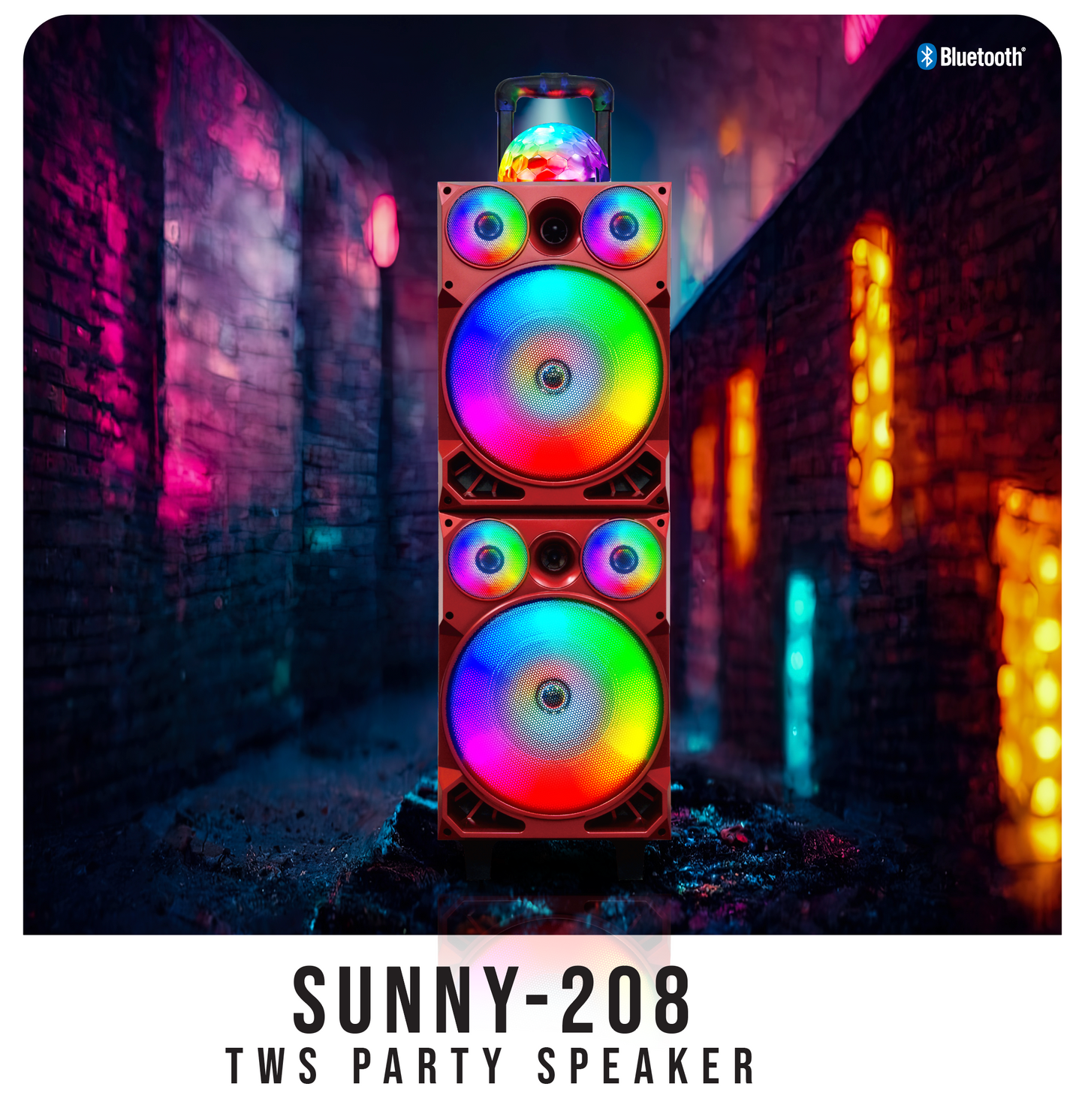 TOPTECH SUNNY-208, 2*28''Woofers Portable Bluetooth Speaker with Disco Light,of Blazing Powerful Sound,Unbeatable Stereo Sound, 10M(33ft) Wireless Range,for Home/Outdoor,Birthday Gift