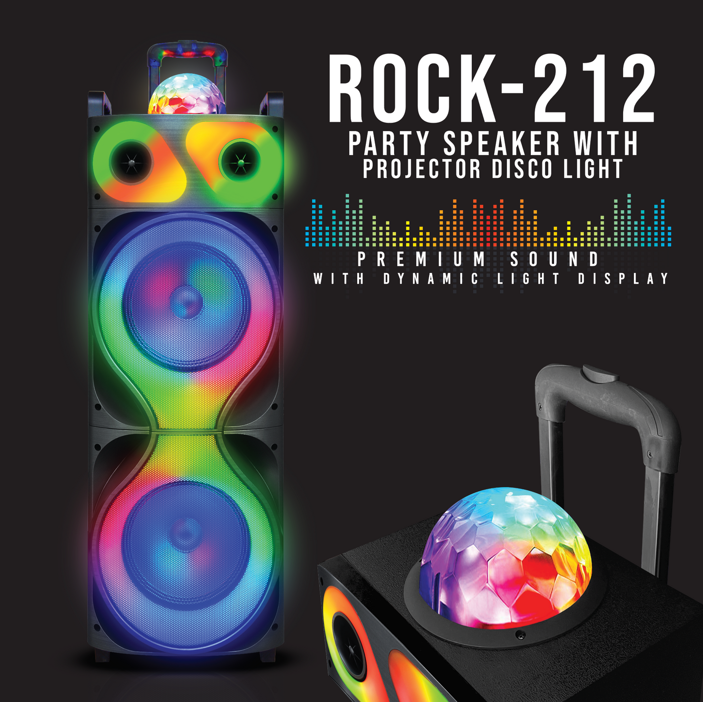 TOPTECH ROCK-212, 2*12 Inch Portable Bluetooth Speaker, Wireless TWS Stereo Sound System with Disco Flame Lights and Disco Ball,Build-in rechargeable battery, for Multimedia Connect Micophone/USB/TF Card/Karaoke Inputs/Aux/FM Radio/Remote Control