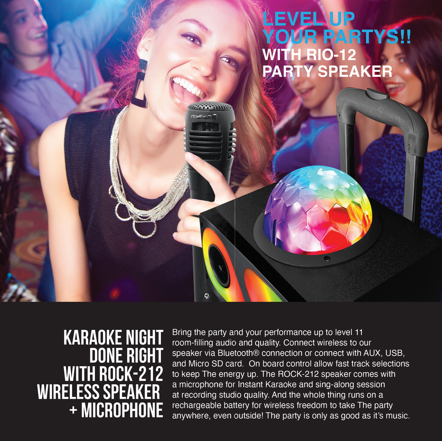 TOPTECH ROCK-212, 2*12 Inch Portable Bluetooth Speaker, Wireless TWS Stereo Sound System with Disco Flame Lights and Disco Ball,Build-in rechargeable battery, for Multimedia Connect Micophone/USB/TF Card/Karaoke Inputs/Aux/FM Radio/Remote Control